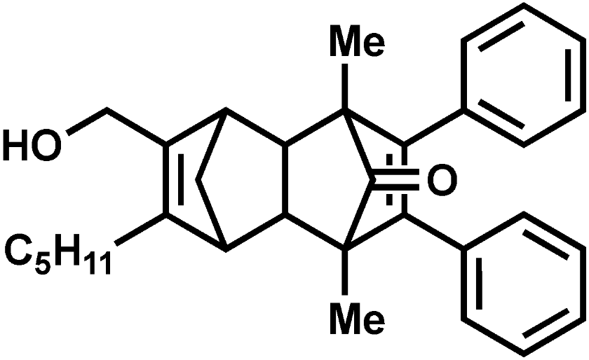 chemical structure for 2-(hydroxymethyl)-5,8-dimethyl-3-pentyl-6,7-diphenyl-1,4,4a,5,8,8a-hexahydro-1,4:5,8-dimethanonaphthalen-9-one